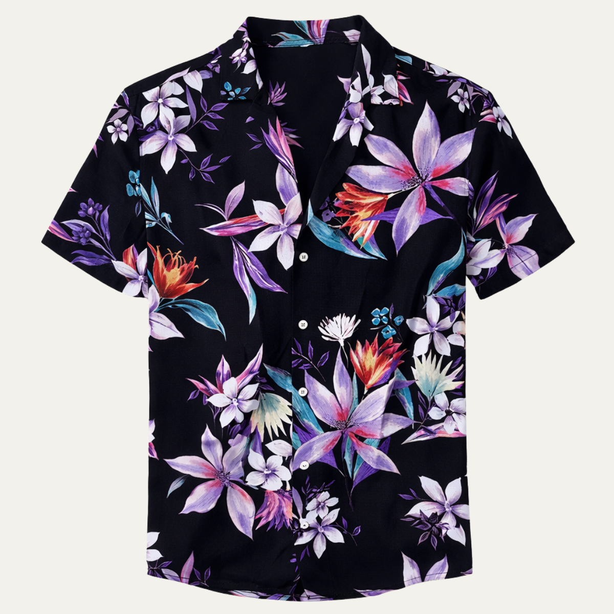 Rhys | Men's Hawaiian Shirt Black Floral Purple Short Sleeve Button Up