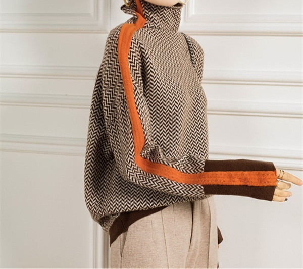 Maren | Women's Herringbone Knit Sweater Brown Orange Trim