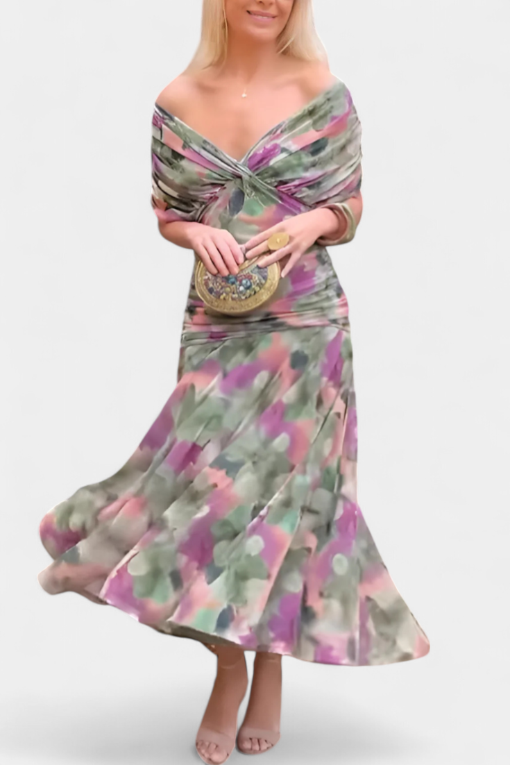 Vera | Women's Off Shoulder Ruched Midi Dress Brown