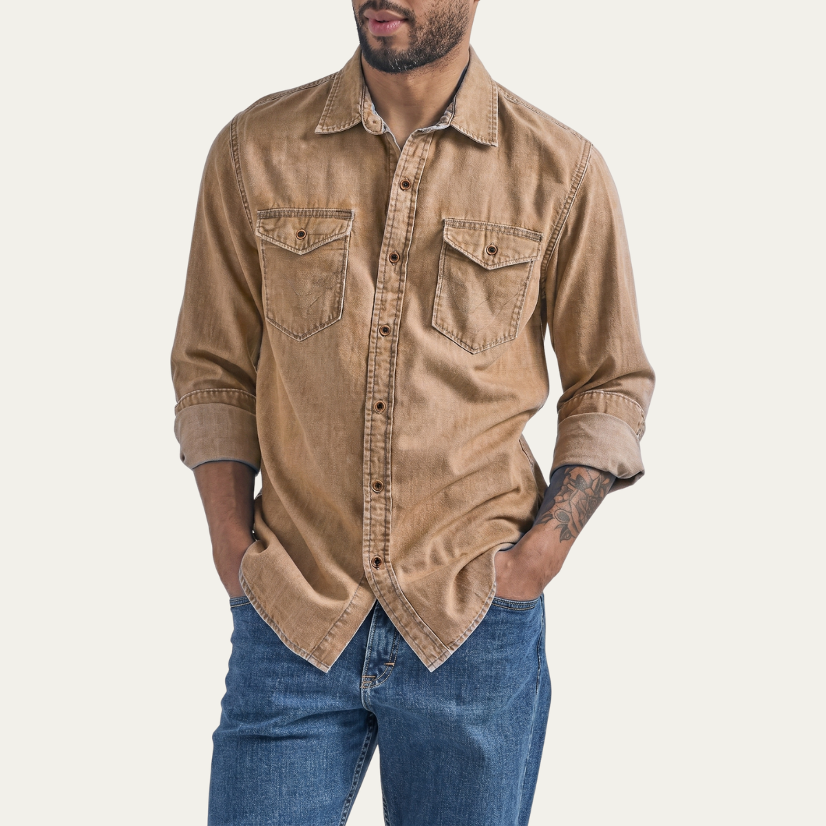 Rhys | Men's Vintage Washed Denim Shirt Brown