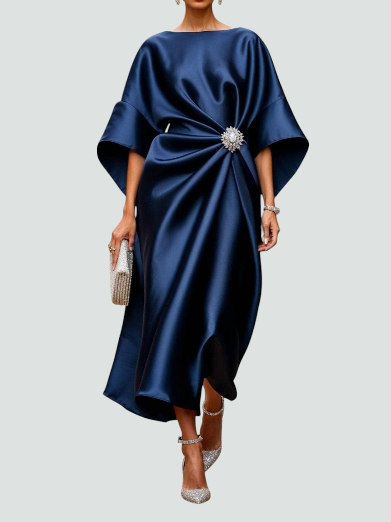 Neve | Women's Satin Midi Dress Navy Ruched Brooch Detail