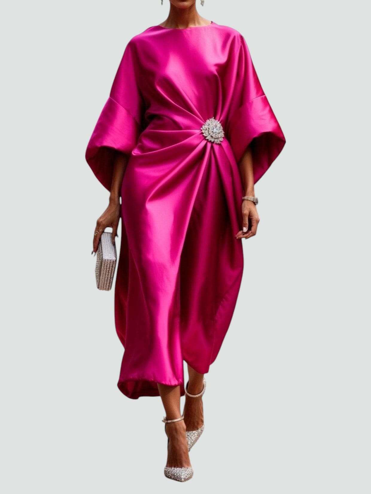 Neve | Women's Satin Midi Dress Navy Ruched Brooch Detail
