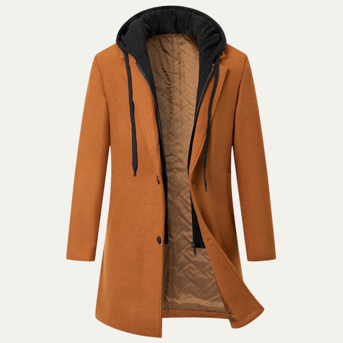 Bram | Men's Wool Overcoat Caramel Hooded Quilted Lining