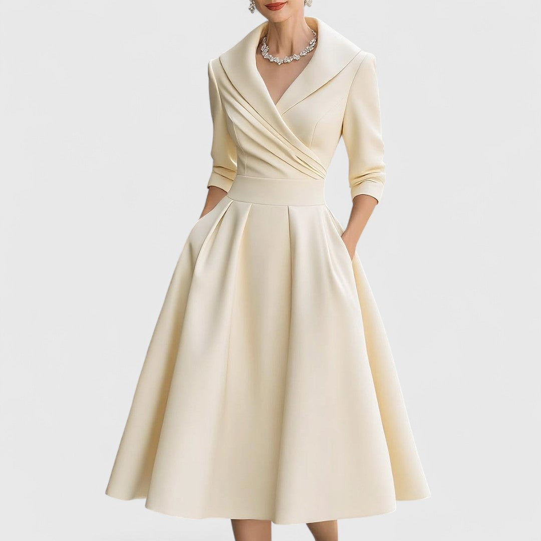 Vera | Women's A Line Midi Dress Navy Three Quarter Sleeve