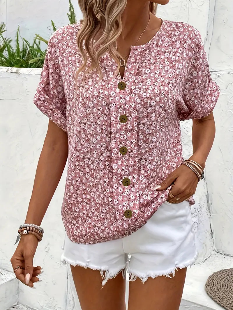 Wren | Women's Floral Button Up Blouse Short Sleeve Pink