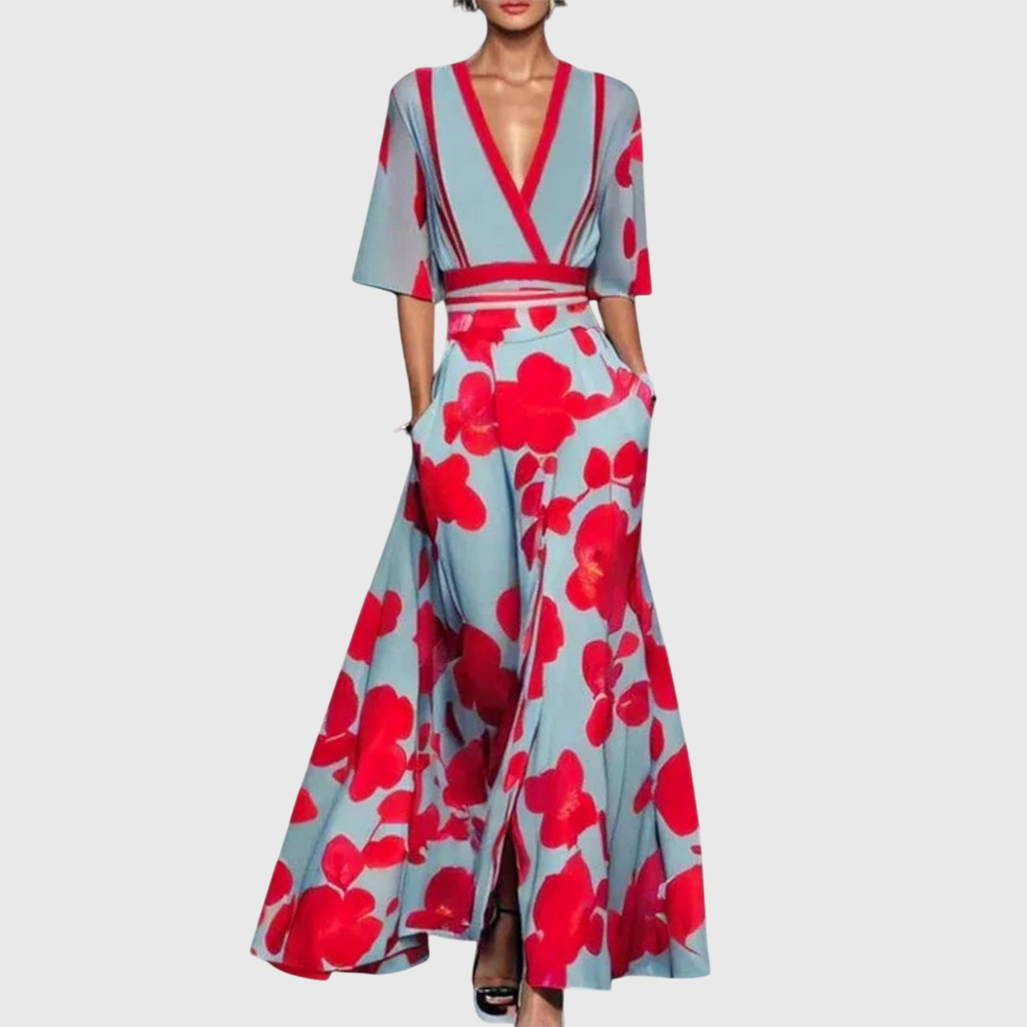 Mia | Women's Floral Maxi Dress Red Blue Three Quarter Sleeve