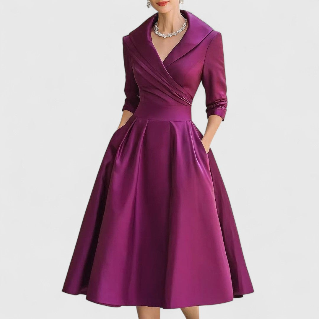 Vera | Women's A Line Midi Dress Navy Three Quarter Sleeve