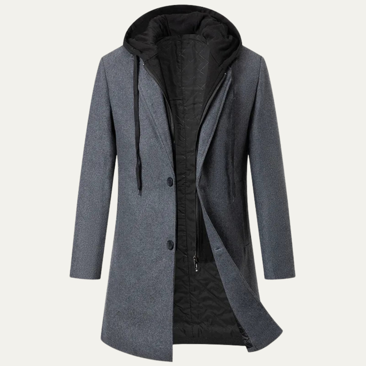 Bram | Men's Wool Overcoat Caramel Hooded Quilted Lining