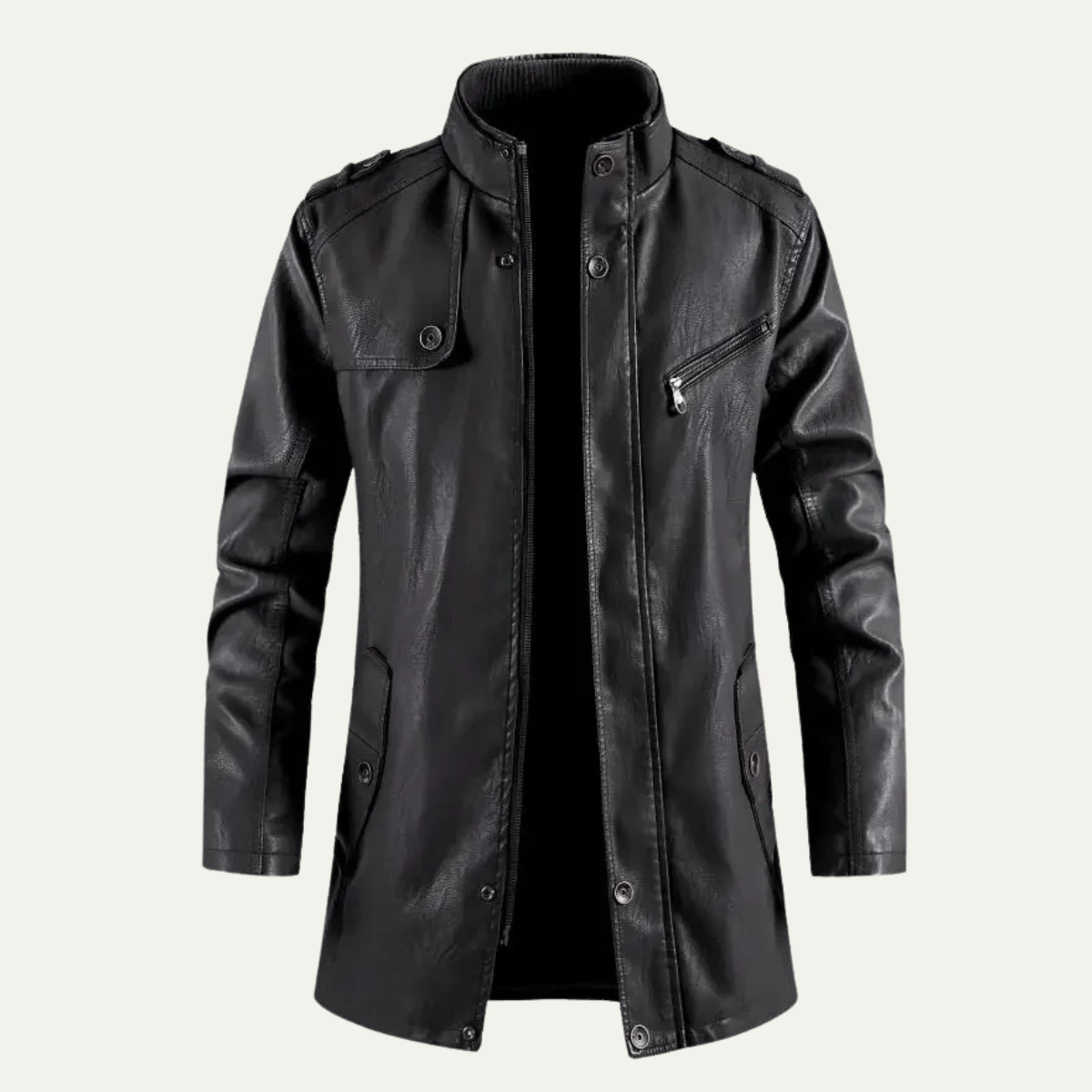 Casper | Men's Leather Long Jacket Black Button Up