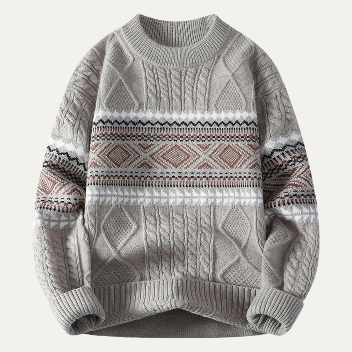 Ezra | Men's Crew Neck Sweater Cream Nordic Pattern Cable Knit