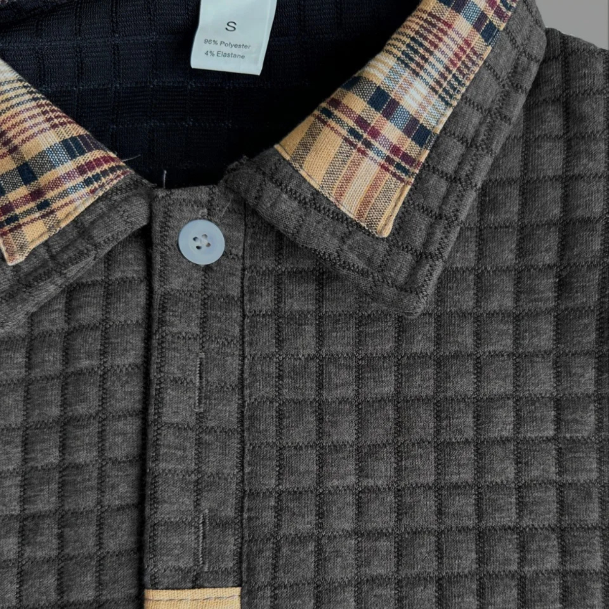 Bram | Men's Quilted Waffle Knit Polo Sweater Gray Plaid Trim