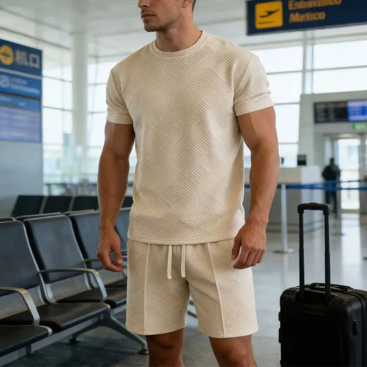 Leon | Men's Sweatsuit White Textured Short Sleeve