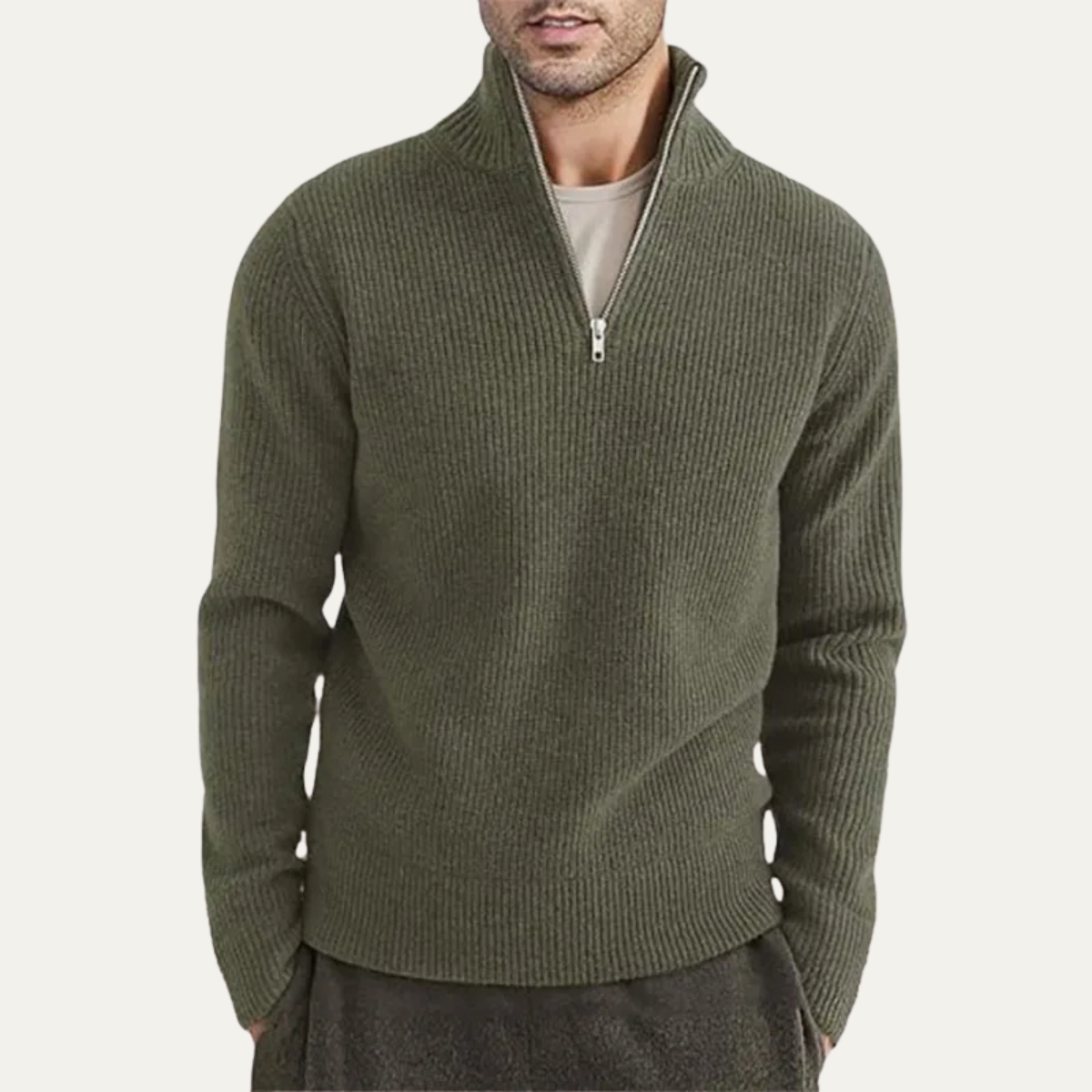 Rowan | Men's Ribbed Quarter Zip Sweater Brown Mock Neck
