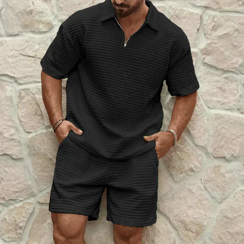Bram | Men's Sweatsuit Cream Textured Polo Shorts Set