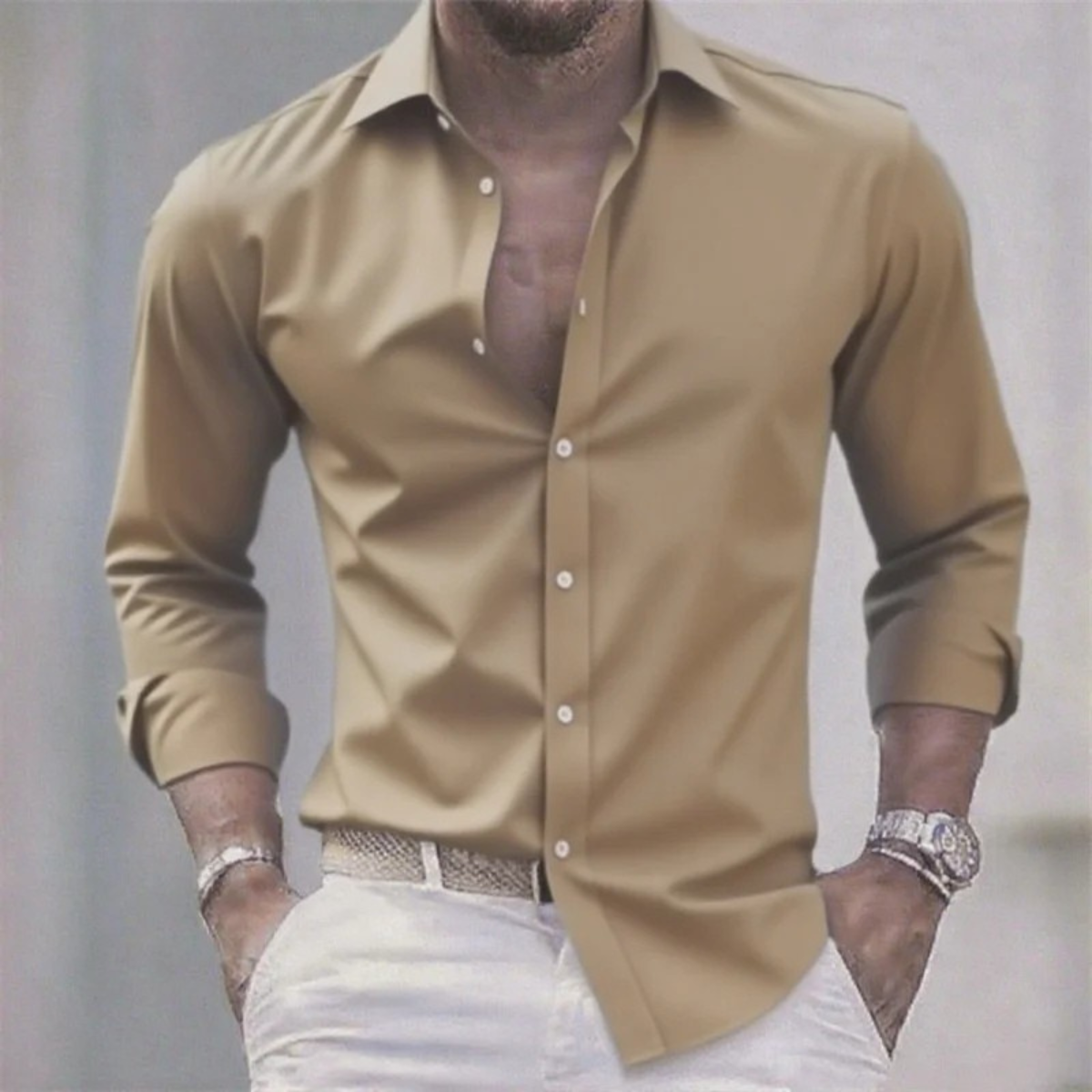 Ezra | Men's Slim Fit Button Up Shirt Cream Long Sleeve