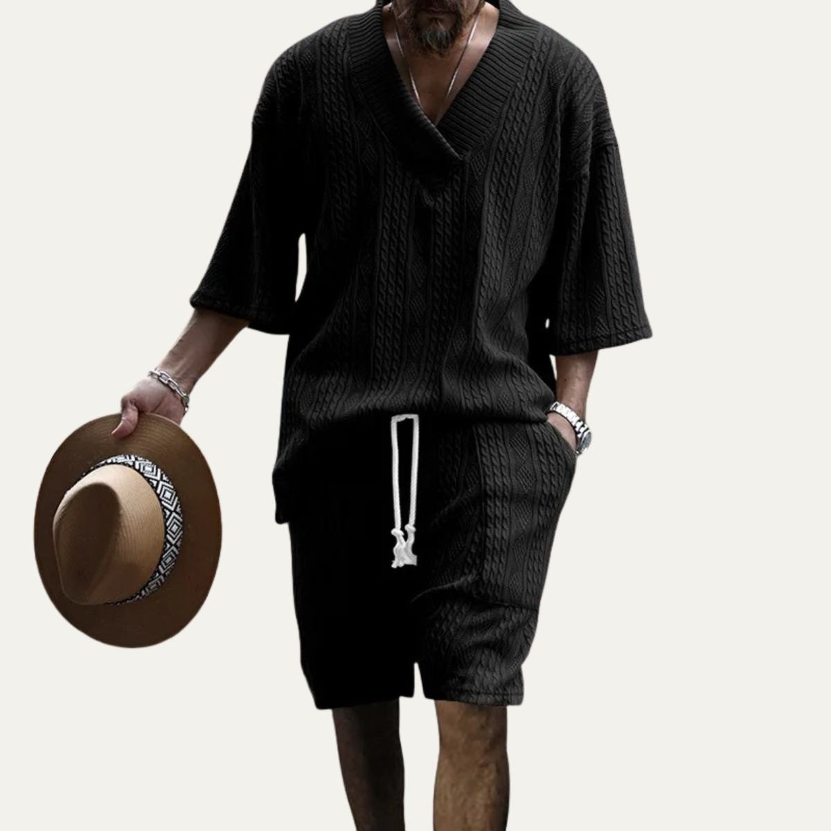 Callum | Men's Sweatsuit Cream Cable Knit V Neck Shorts Set