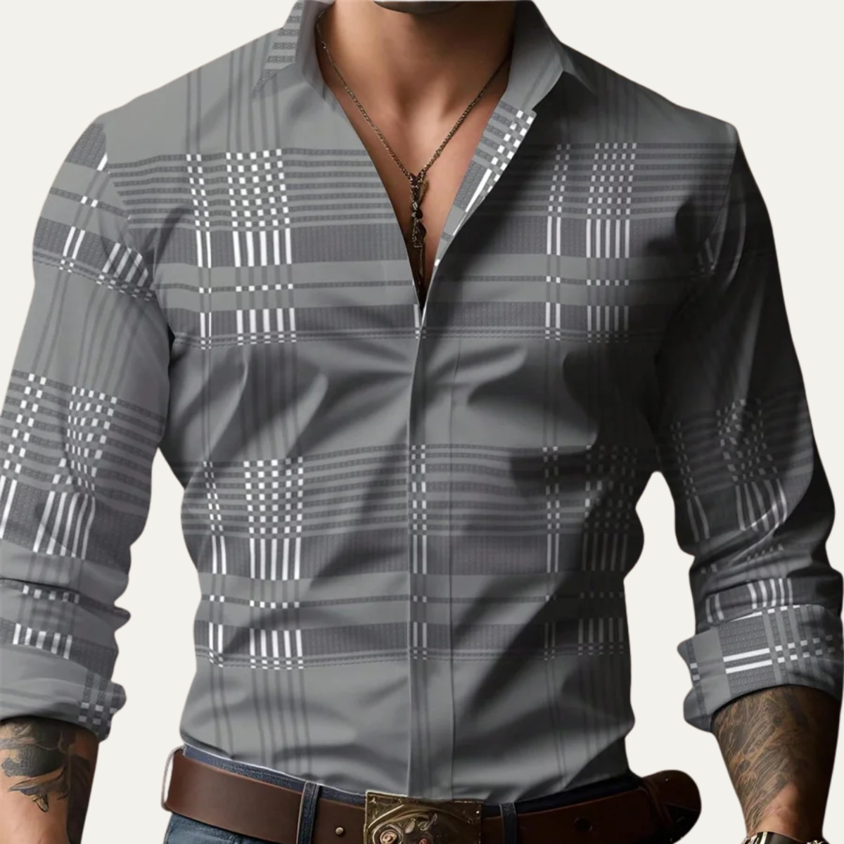 Otto | Men's Plaid Button Up Shirt Gray White Long Sleeve