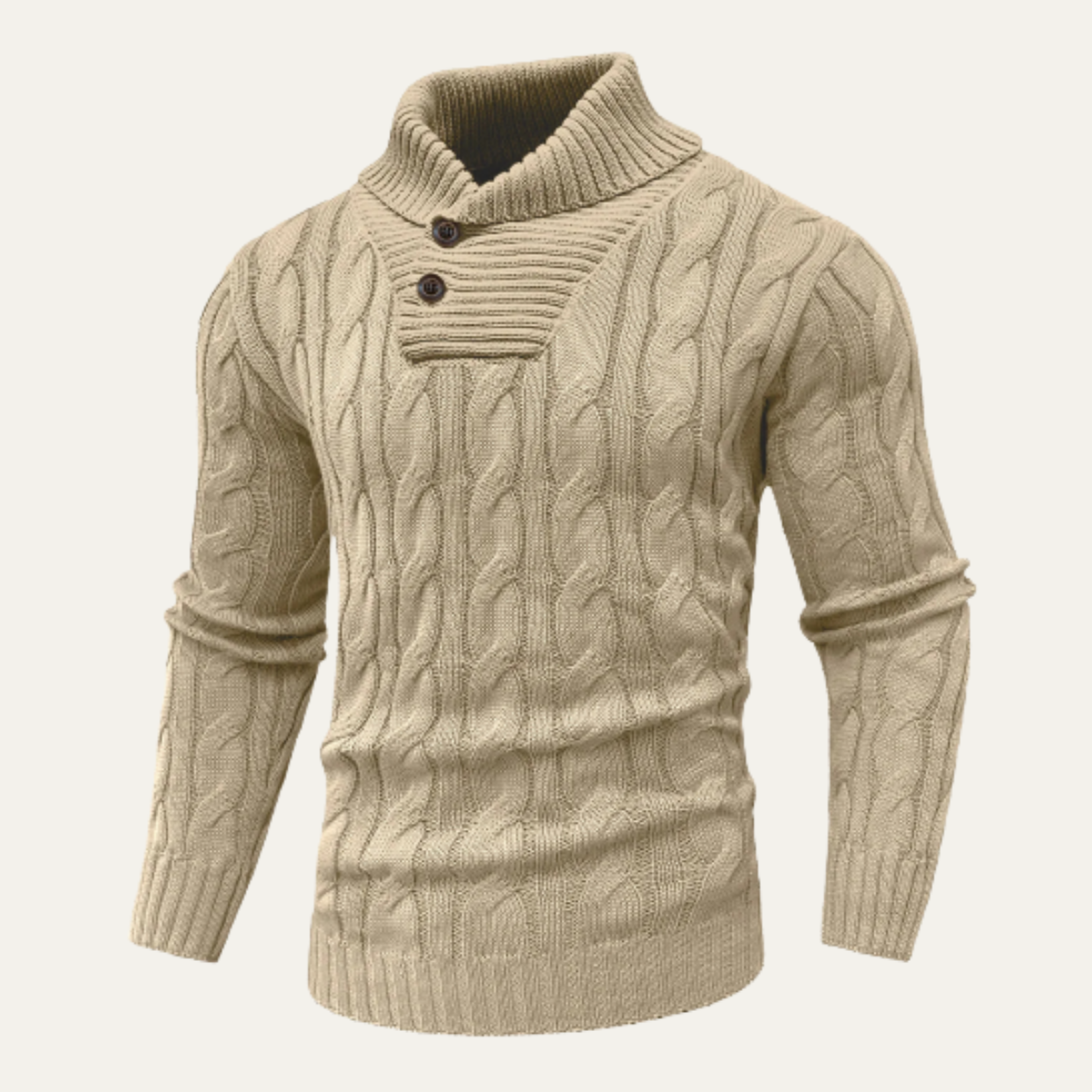 Rowan | Men's Cable Knit Shawl Collar Sweater Cream Button Neck
