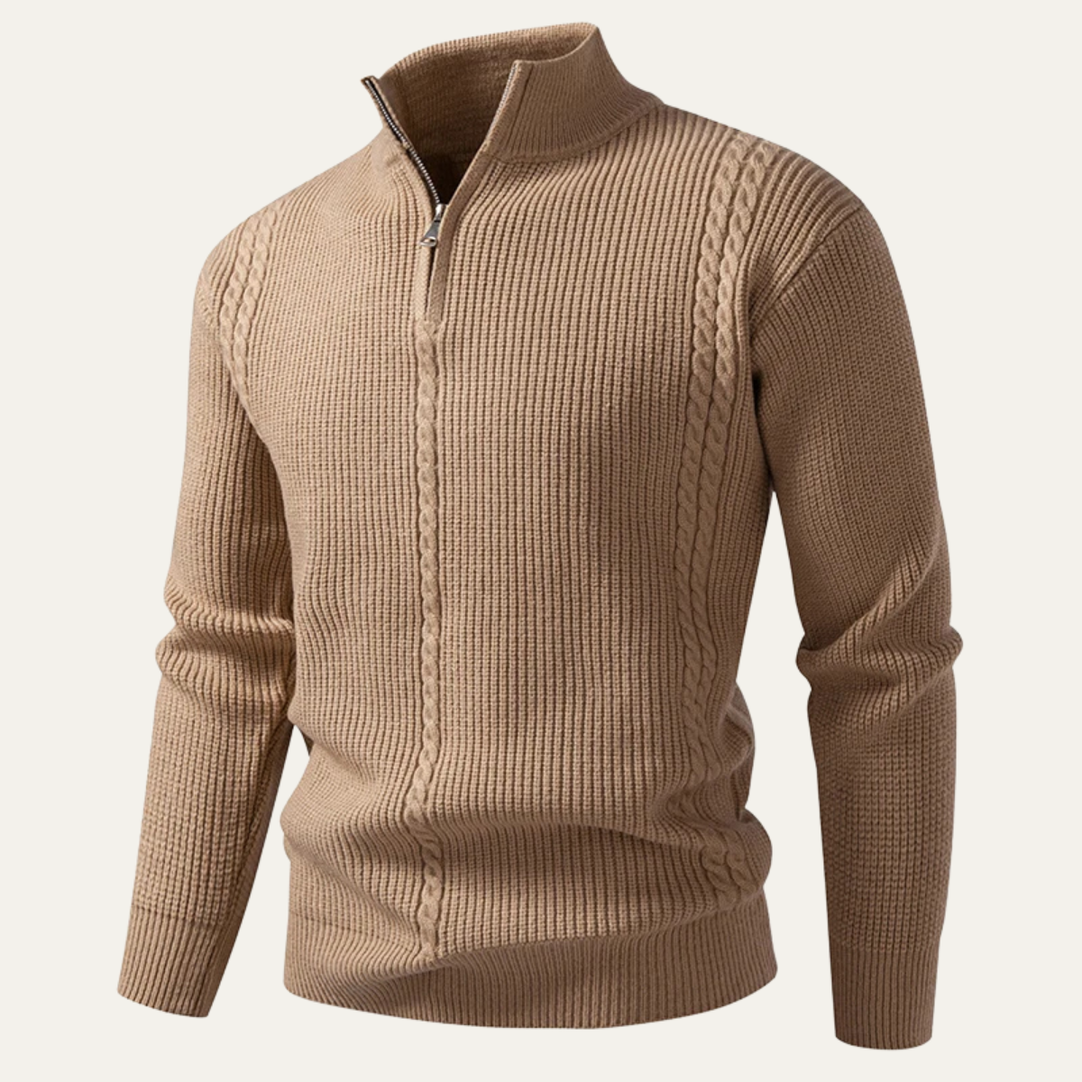 Beau | Men's Cable Knit Quarter Zip Sweater Cream