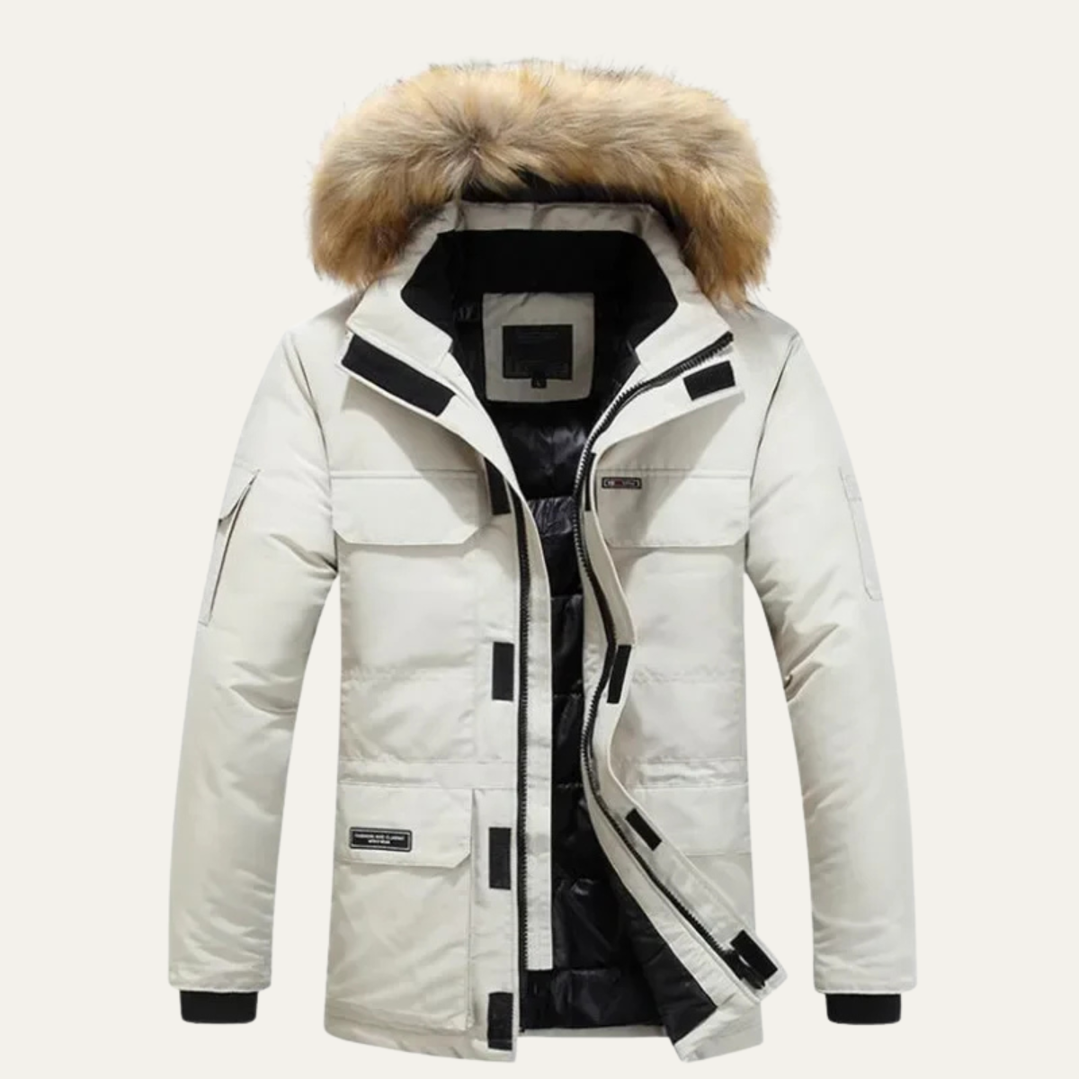 Ash | Men's Puffer Coat Cream Faux Fur Hood Water Resistant