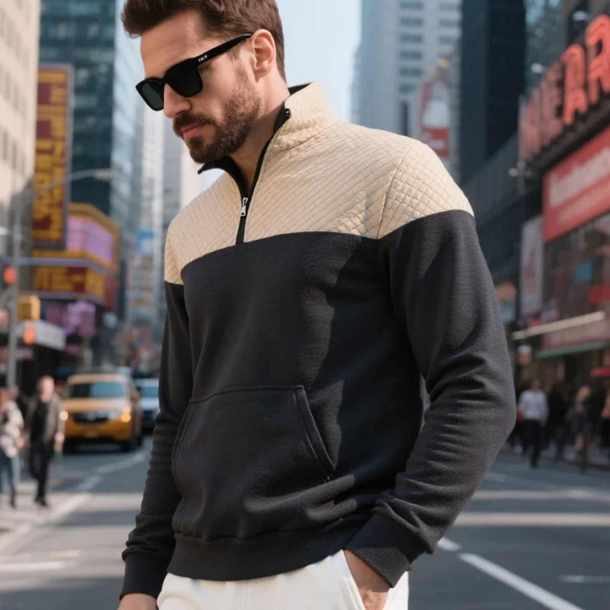 Max | Men's Quilted Half Zip Sweatshirt Cream Black Colorblock