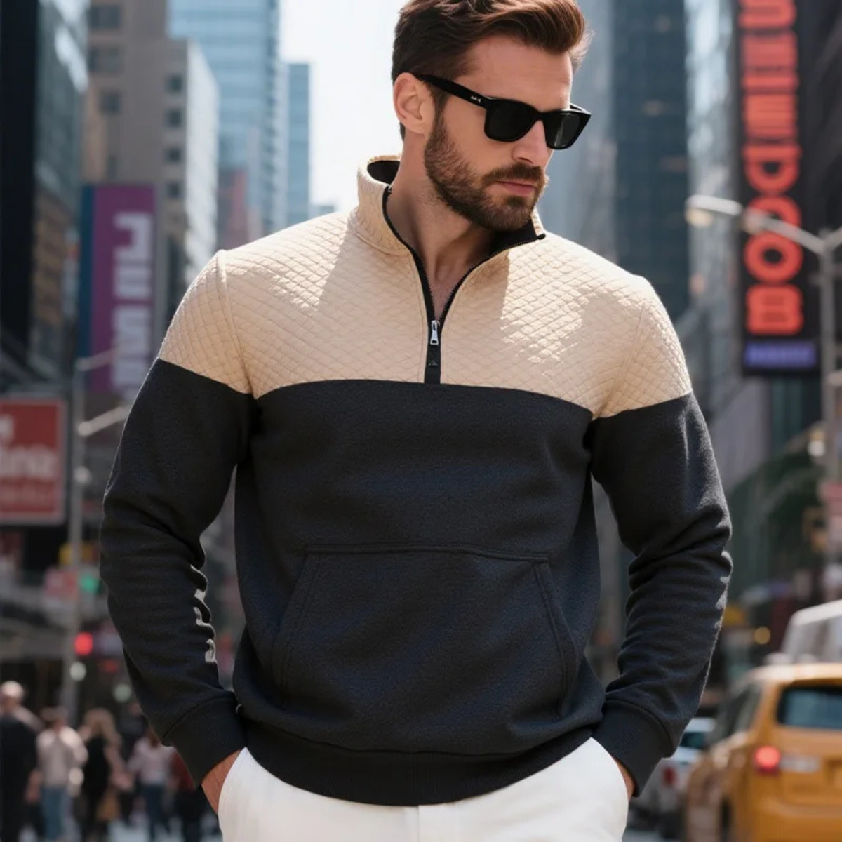 Max | Men's Quilted Half Zip Sweatshirt Cream Black Colorblock