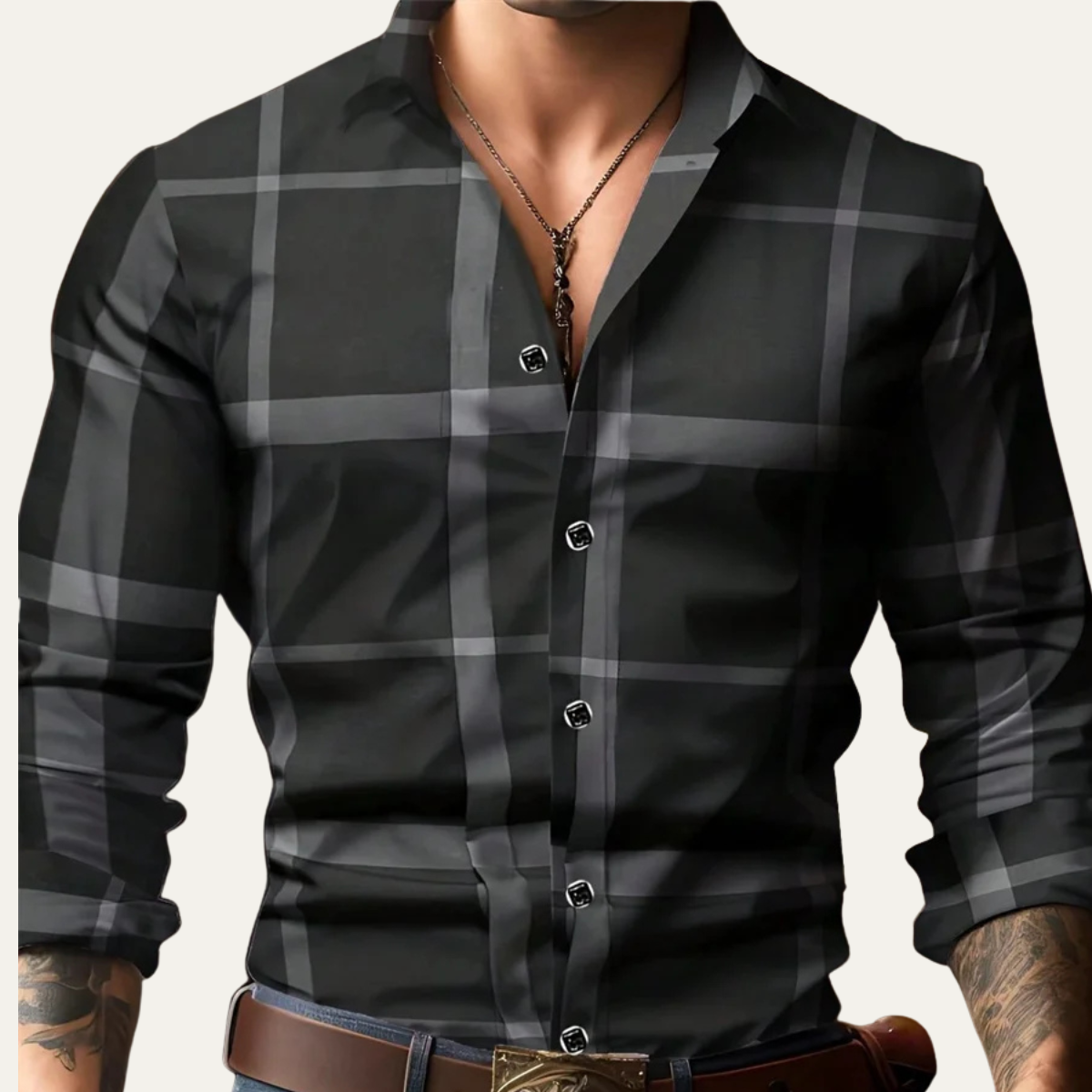 Otto | Men's Plaid Button Up Shirt Gray White Long Sleeve