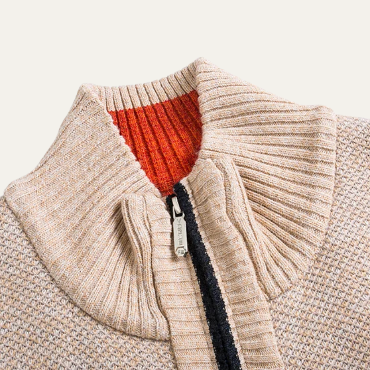 Beau | Men's Zip Up Cardigan Cream Knit Stand Collar