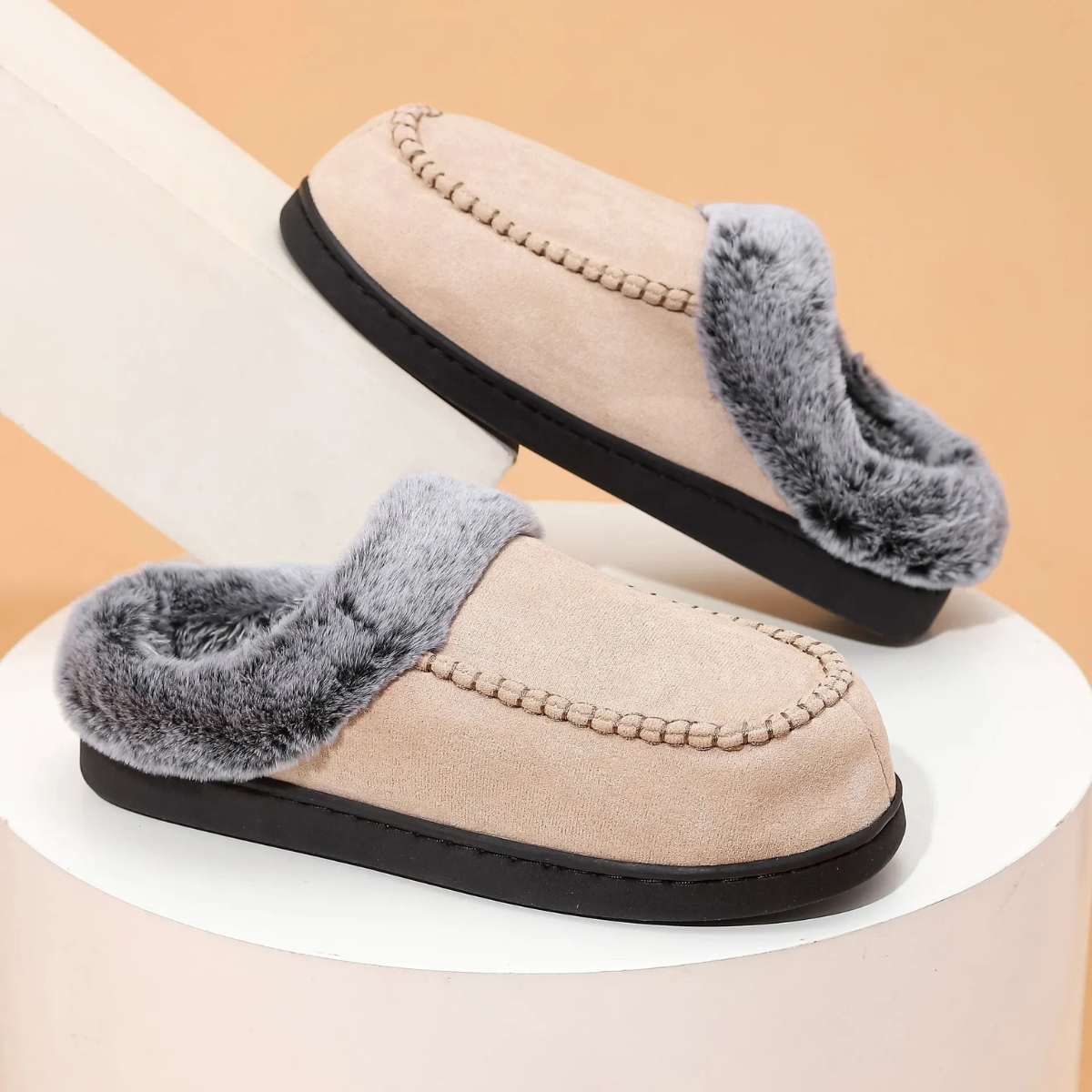 Bram | Men's Faux Fur Lined Slippers Gray Black Sole