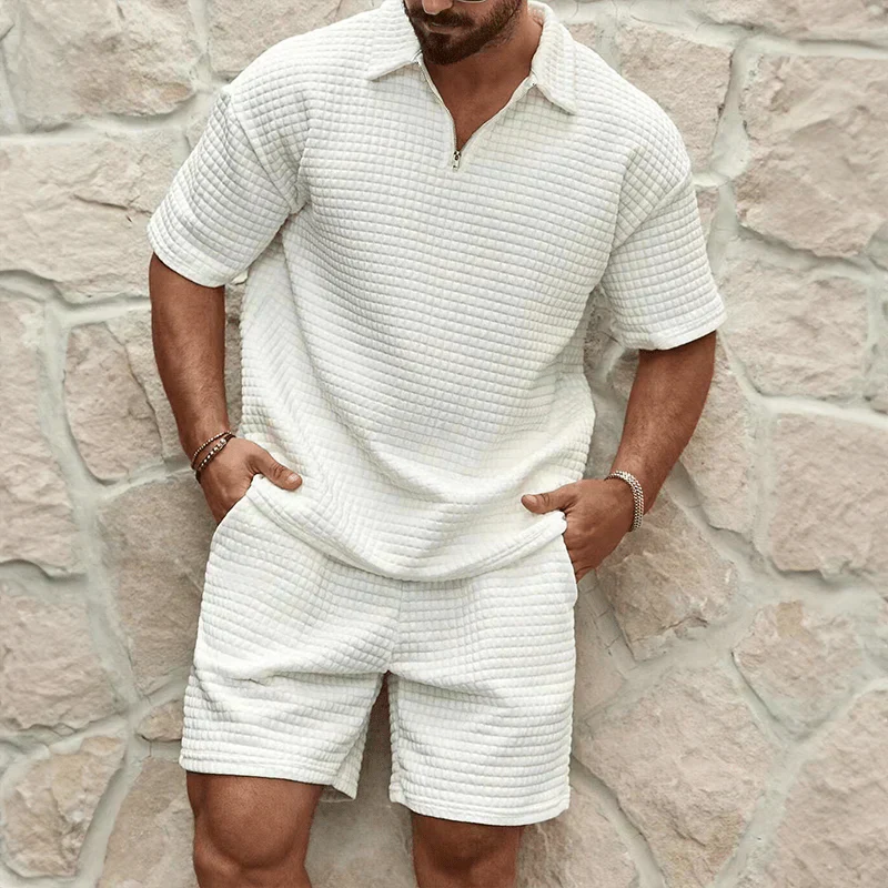 Marco | Men's Casual Waffle Knit Sweatsuit Cream Short Sleeve