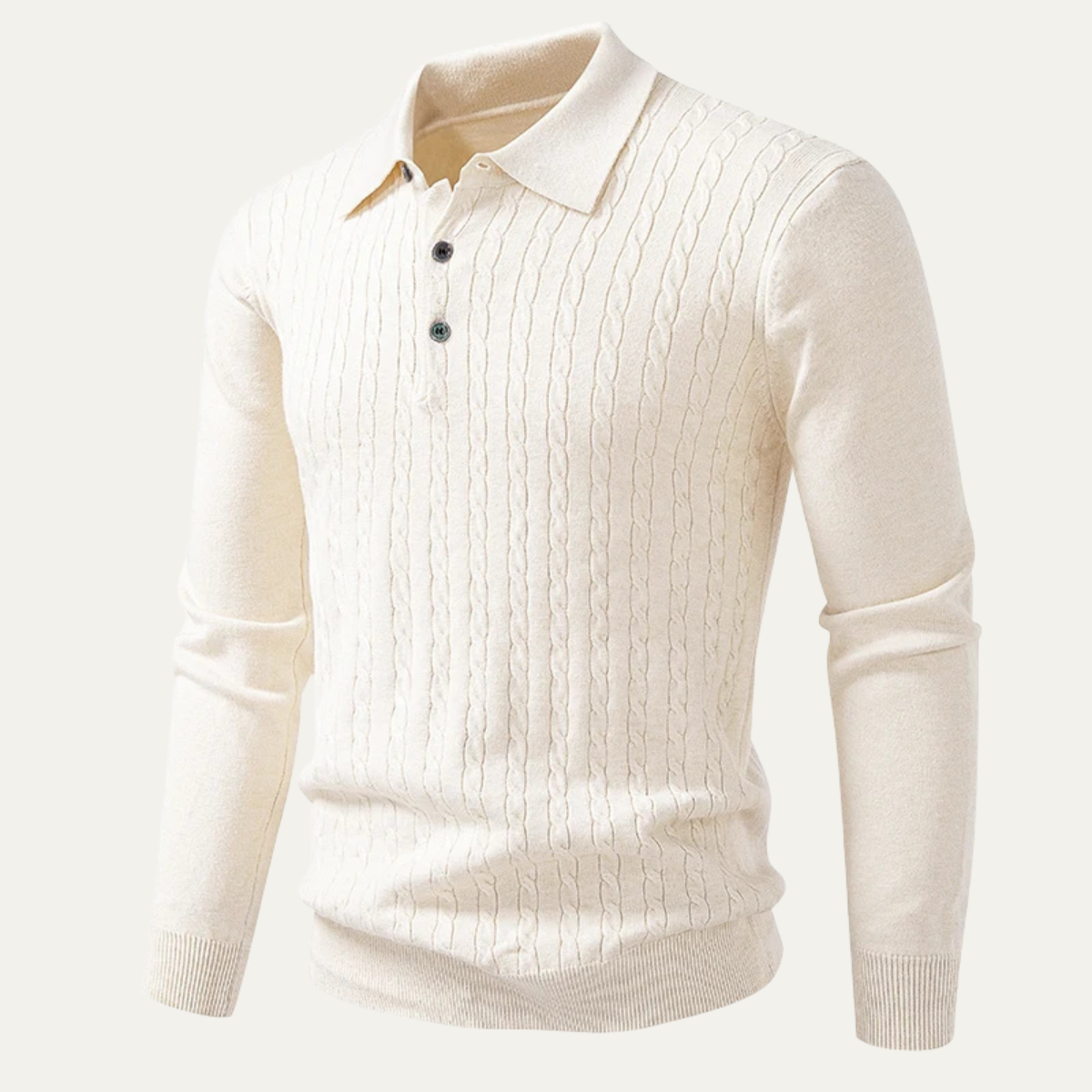 Beau | Men's Cable Knit Polo Sweater Cream Long Sleeve