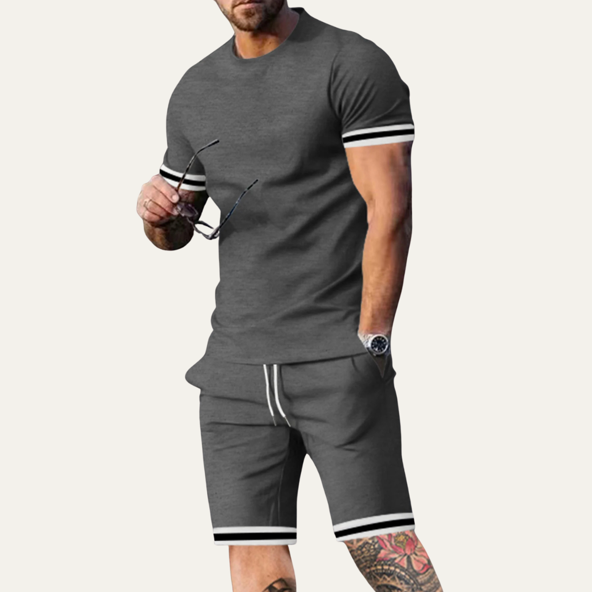 Lars | Men's Sweatsuit Gray Striped Short Sleeve