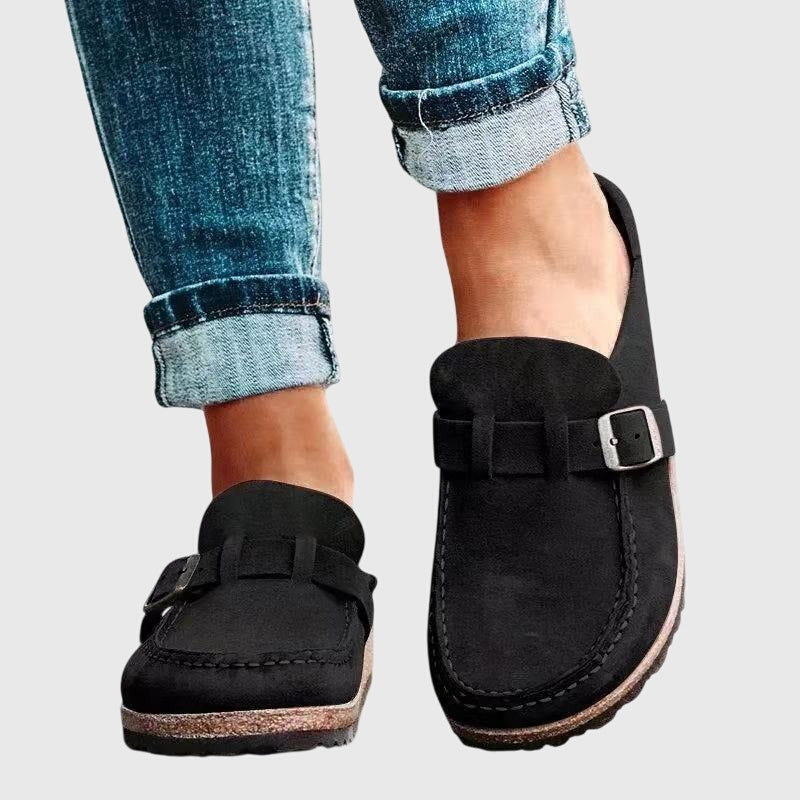 Maeve | Women's Suede Loafer Clog Mule Beige Buckle Detail
