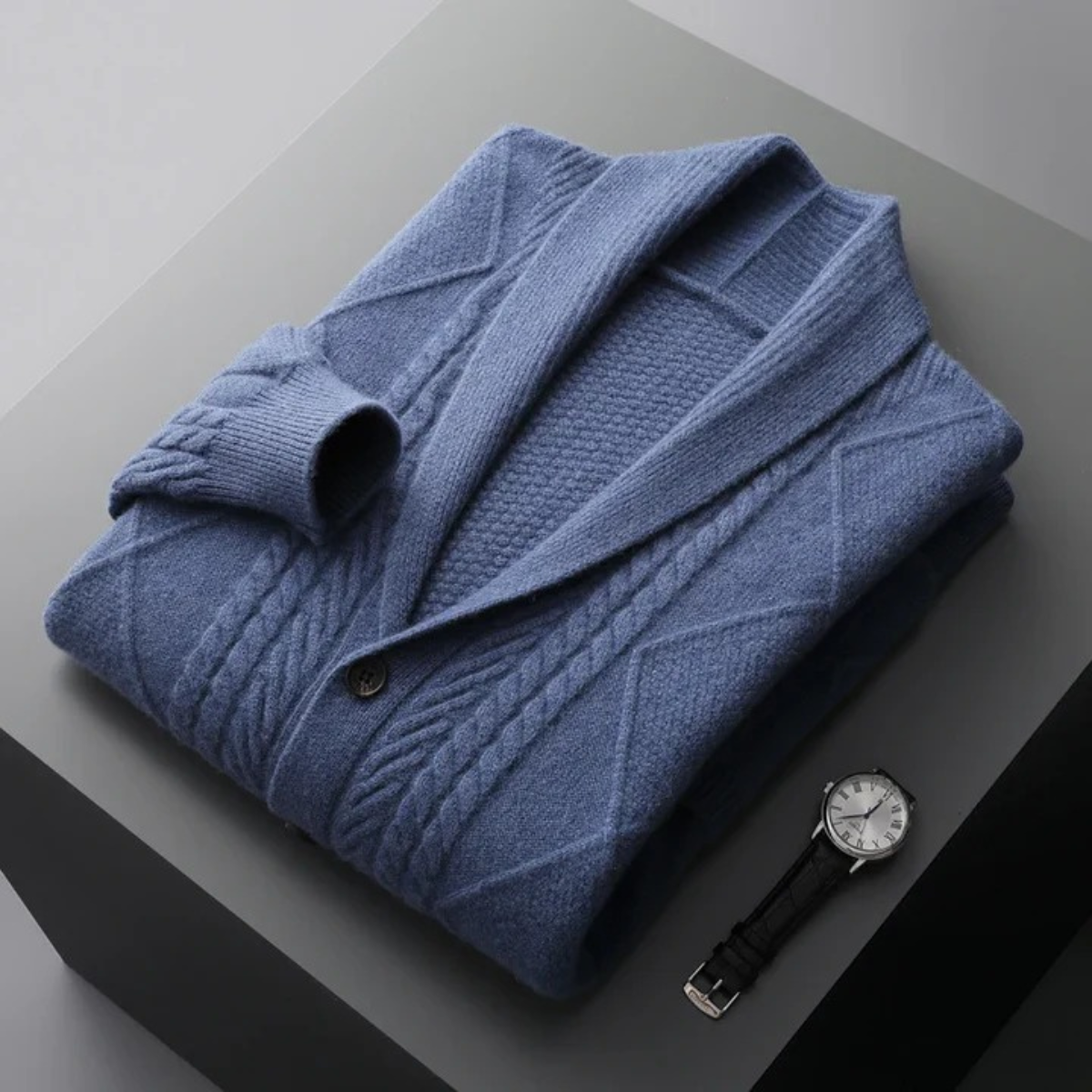Bram | Men's Cable Knit Cardigan Navy Blue Shawl Collar