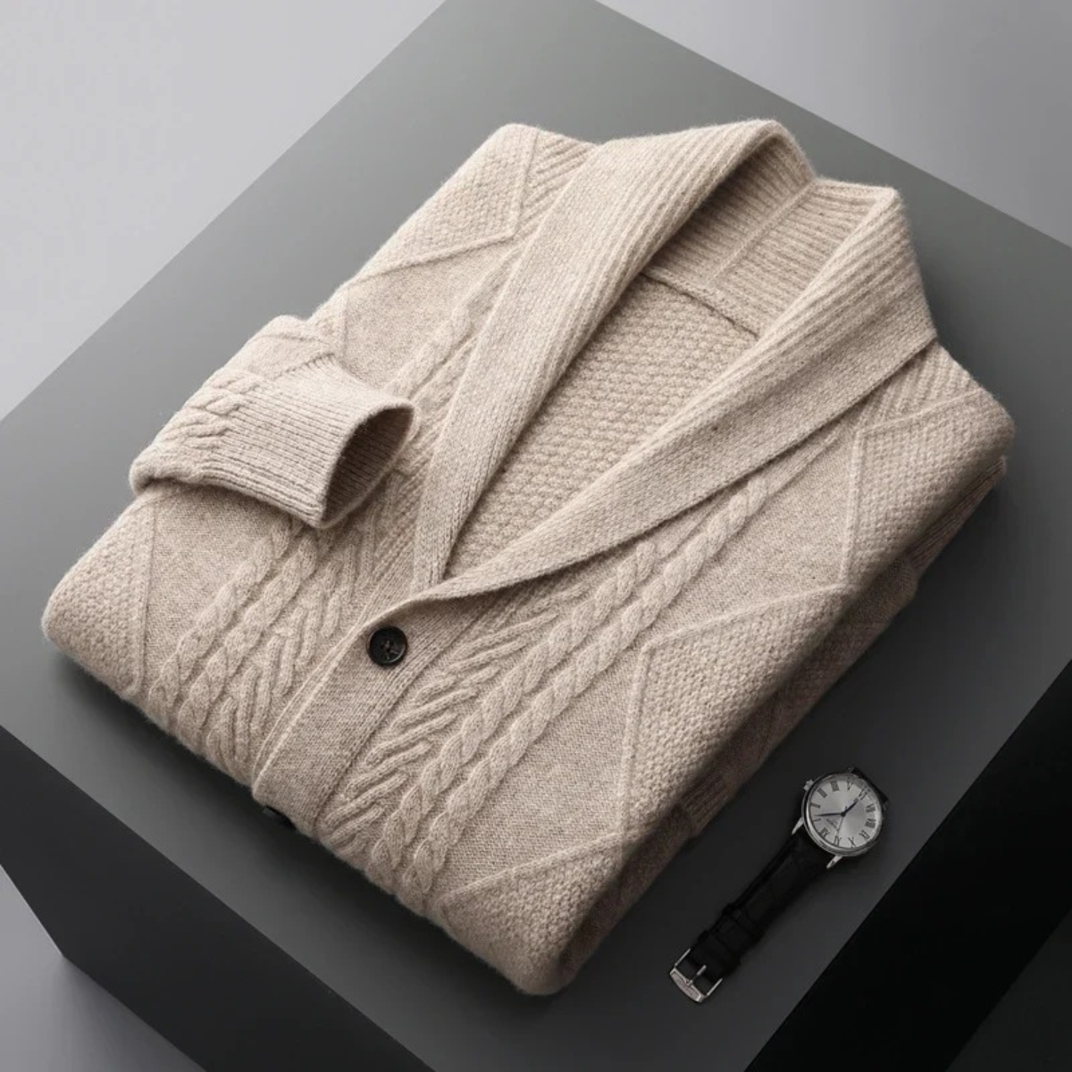 Bram | Men's Cable Knit Cardigan Navy Blue Shawl Collar