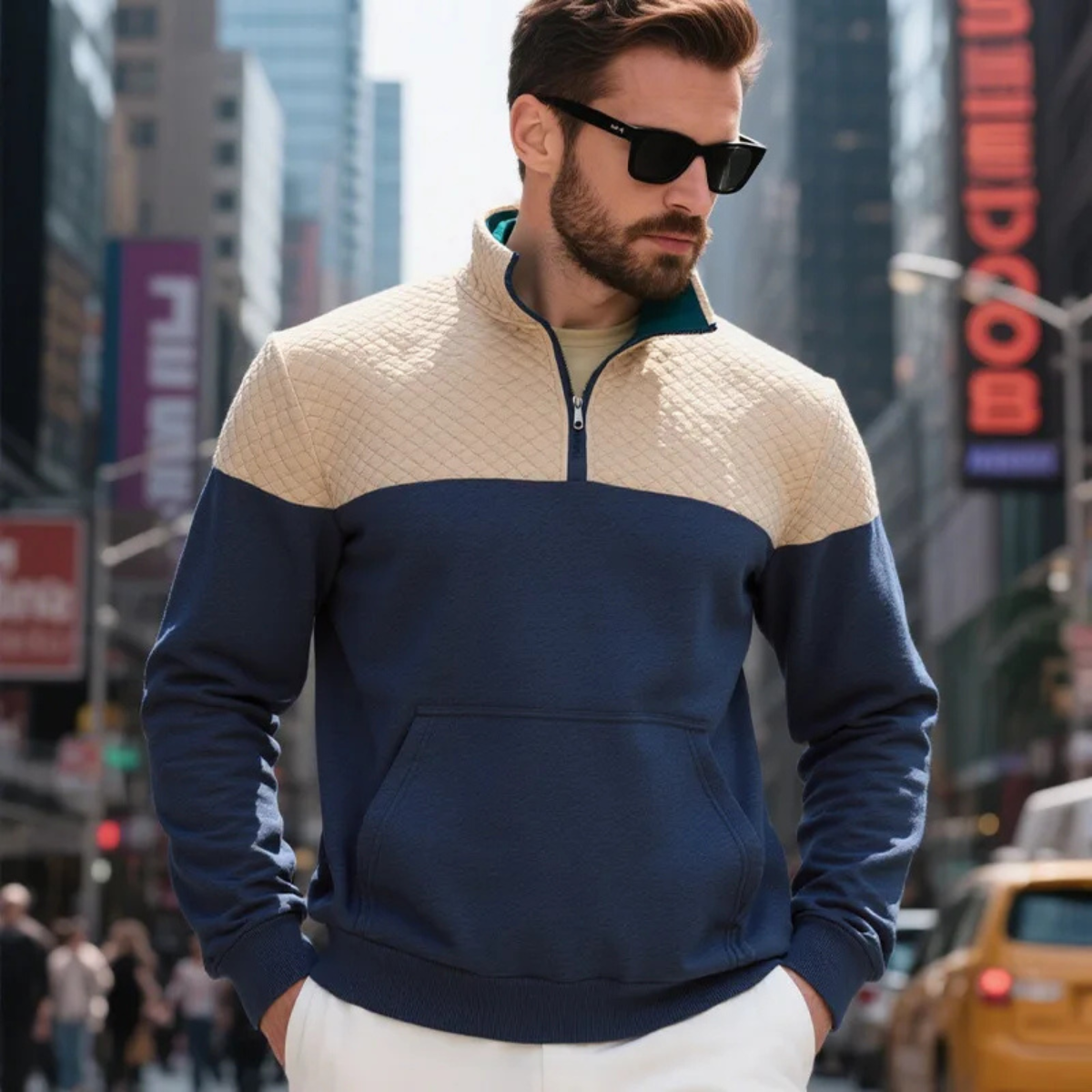 Bram | Men's Quilted Color Block Half Zip Sweater Navy Cream