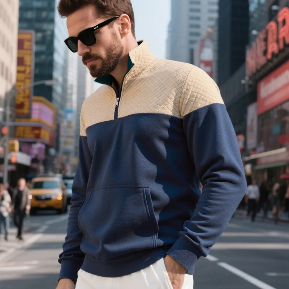 Bram | Men's Quilted Color Block Half Zip Sweater Navy Cream