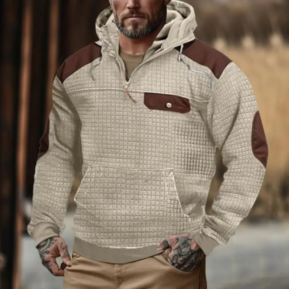 Voss | Men's Quilted Pullover Hoodie Cream Brown Colorblock
