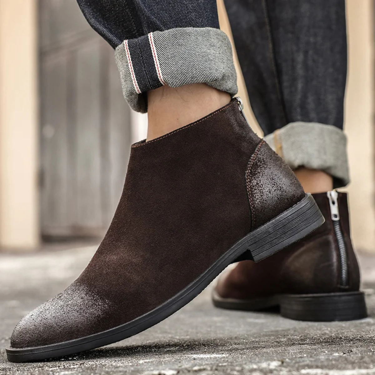 Axel | Men's Suede Leather Ankle Boots Black Zip Up