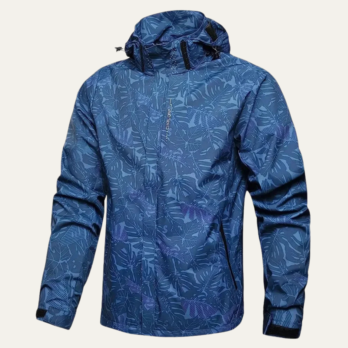 Rhys | Men's Windbreaker Rain Jacket Black Leaf Print Hood