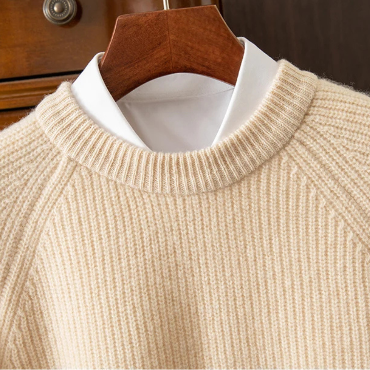 Sage | Men's Crew Neck Sweater Cream Ribbed Knit