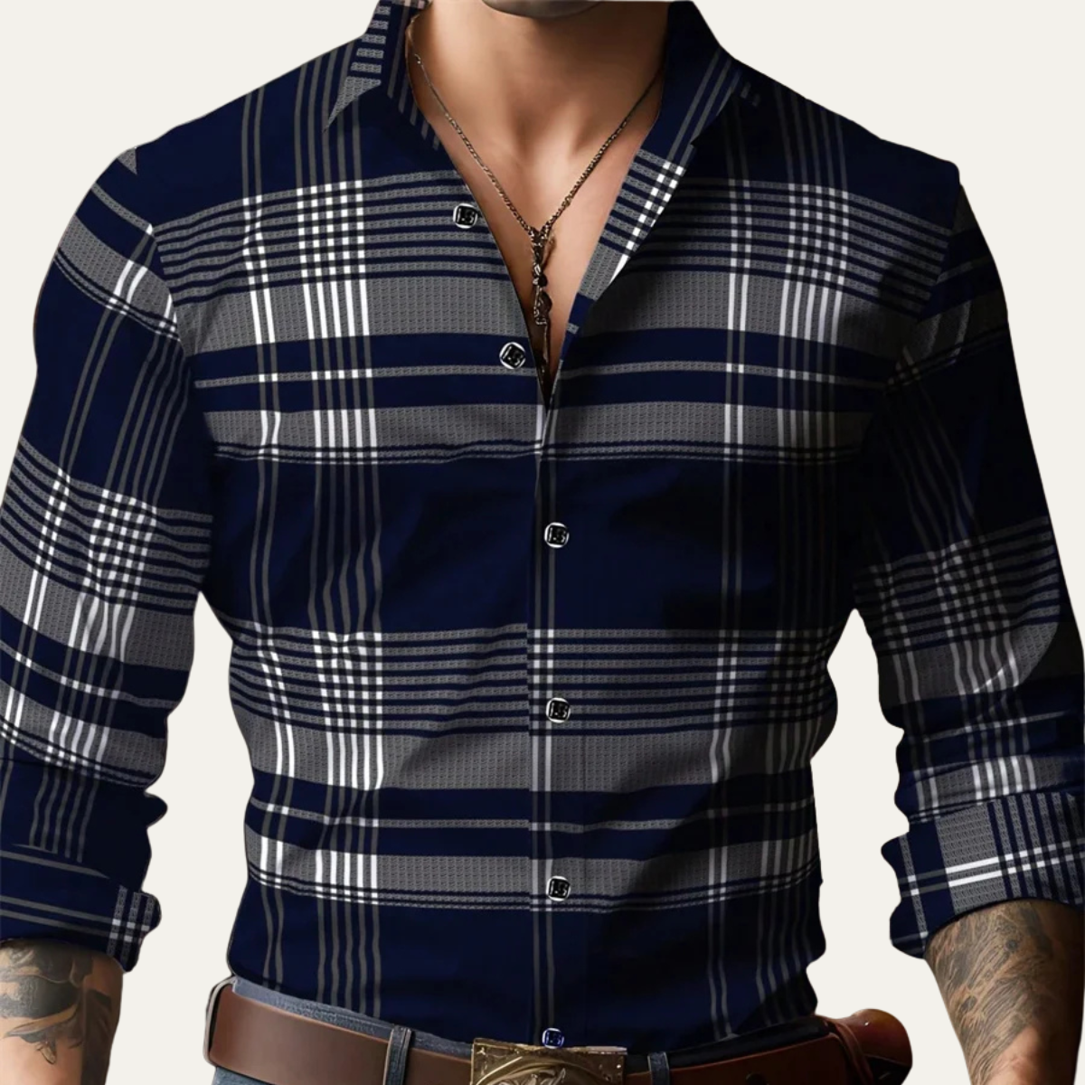 Otto | Men's Plaid Button Up Shirt Gray White Long Sleeve