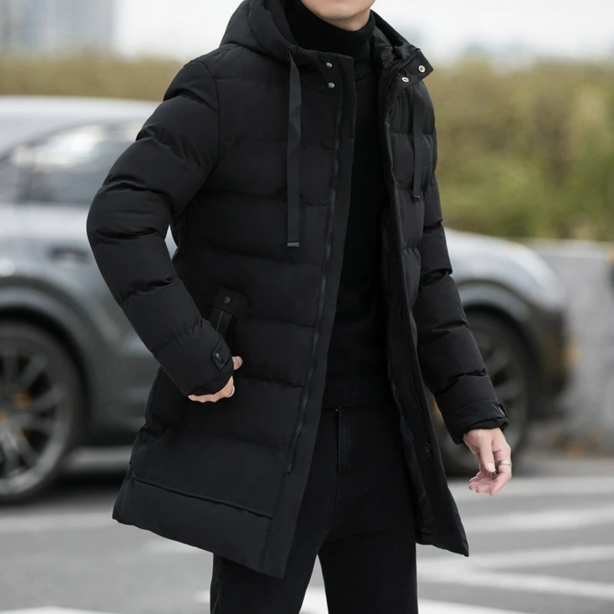 Zeke | Men's Puffer Coat Black Longline Hooded