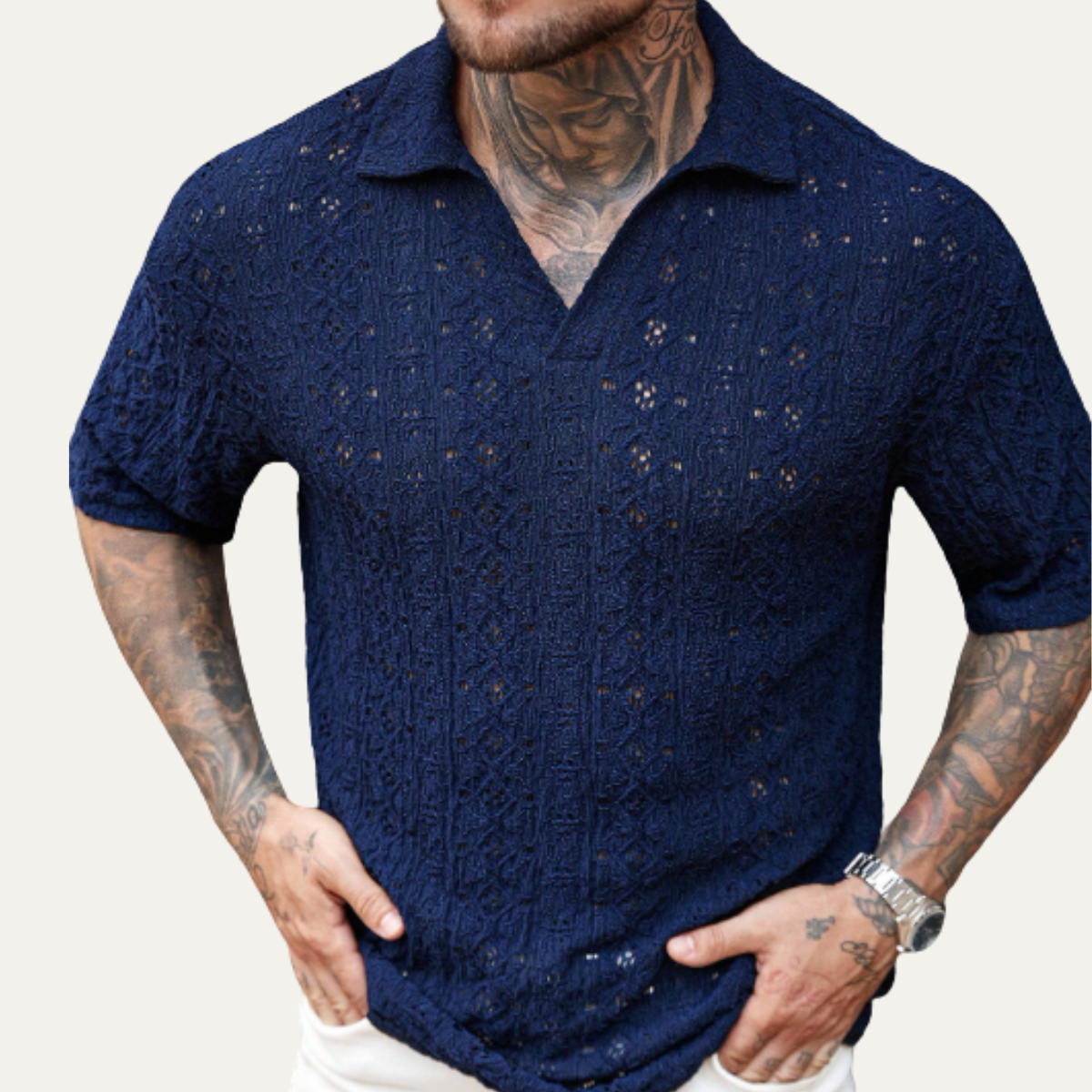 Jasper | Men's Boho Crochet Mesh Linen Shirt Navy Blue