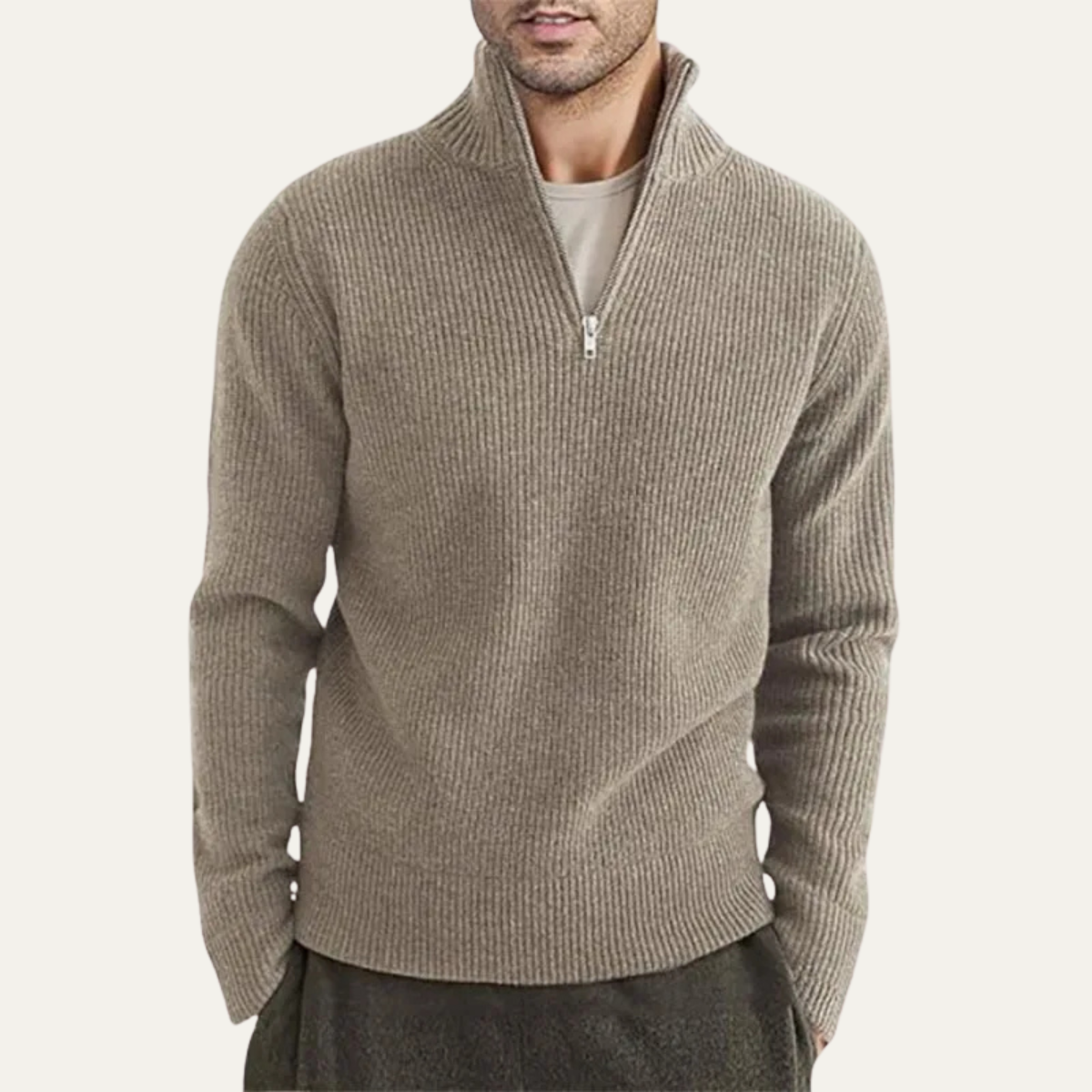 Rowan | Men's Ribbed Quarter Zip Sweater Brown Mock Neck