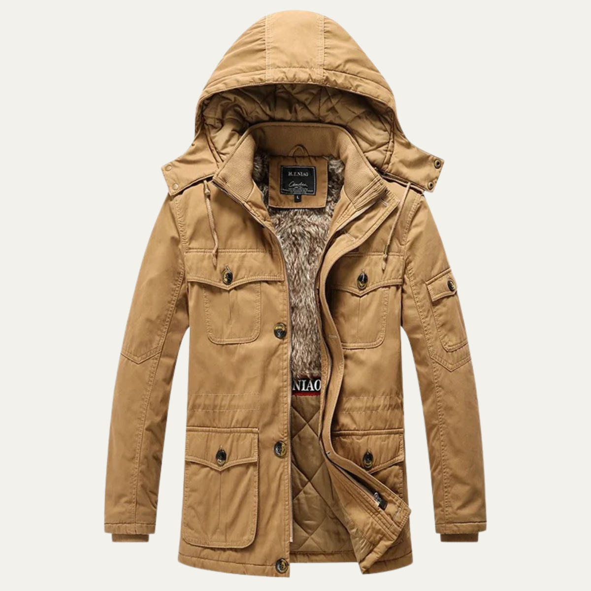 Cole | Men's Puffer Jacket Khaki Hooded Fleece Lined