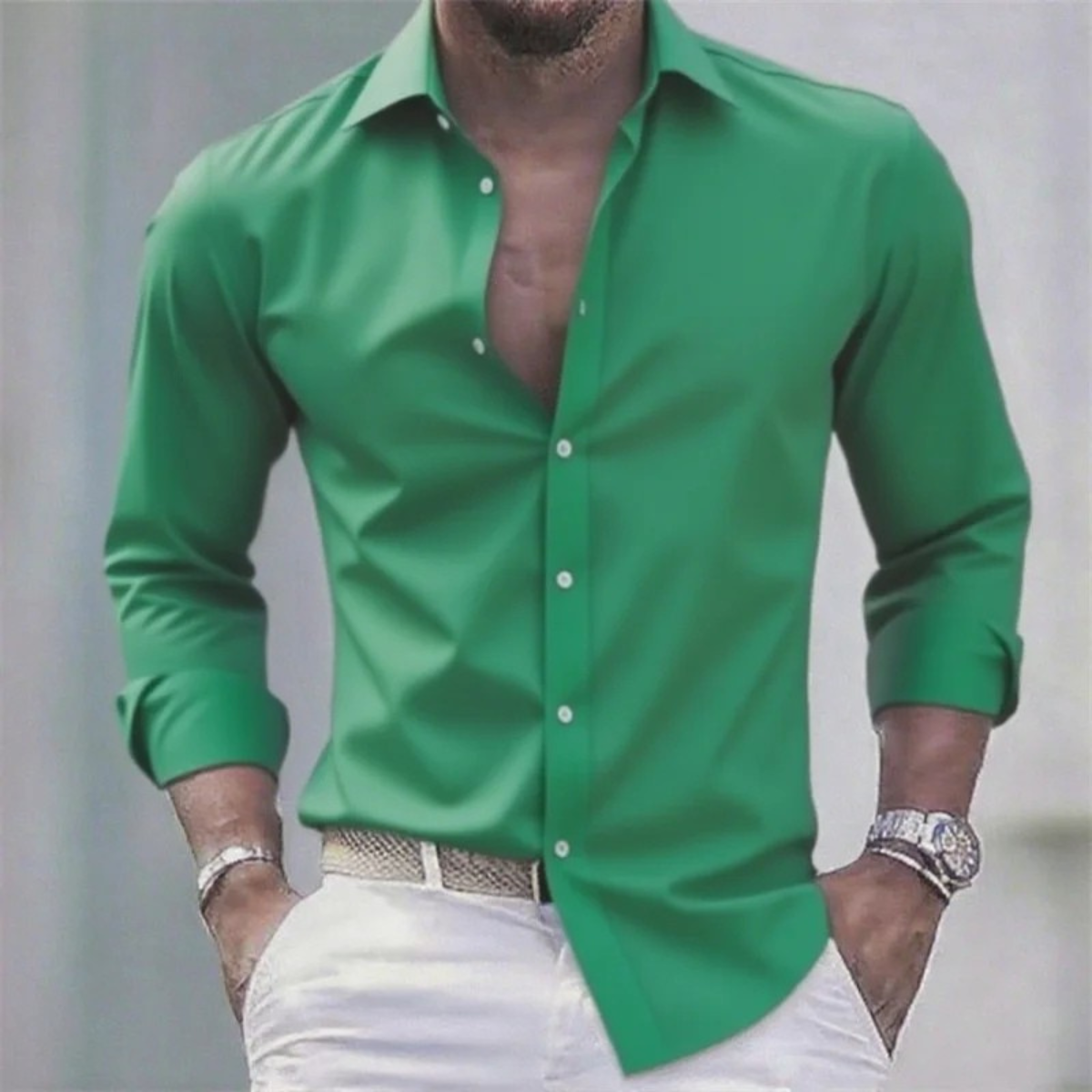 Ezra | Men's Slim Fit Button Up Shirt Cream Long Sleeve