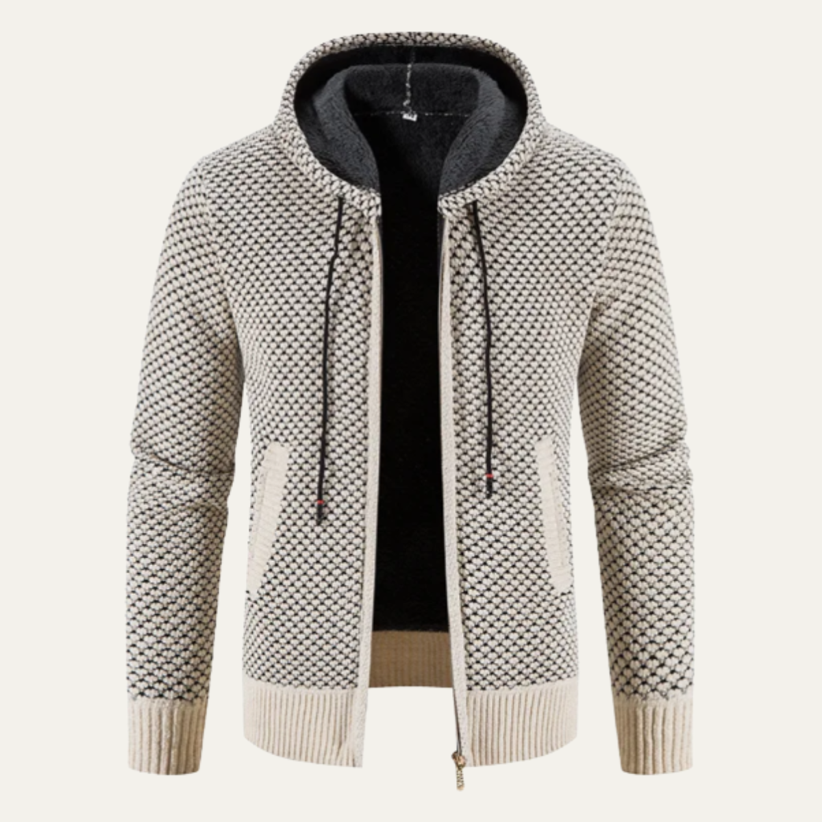 Axel | Men's Textured Zip Up Hoodie Sweater Cream Fleece Lined