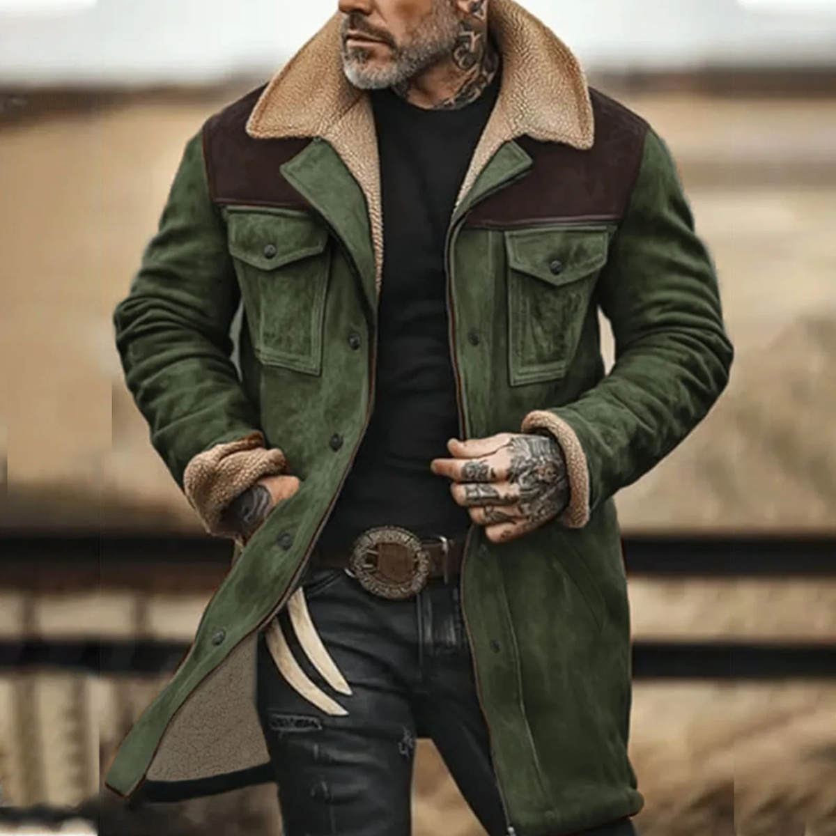 Cole | Men's Suede Sherpa Lined Jacket Olive Green Chest Pockets