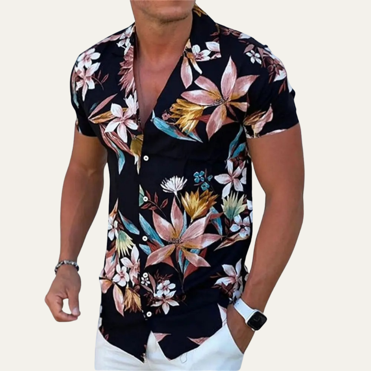 Beau | Men's Floral Print Button Up Shirt Pink Cream